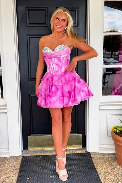 Blue Watercolor Corset Homecoming Dress With Tiered Ruffle Skirt And Beading AS308