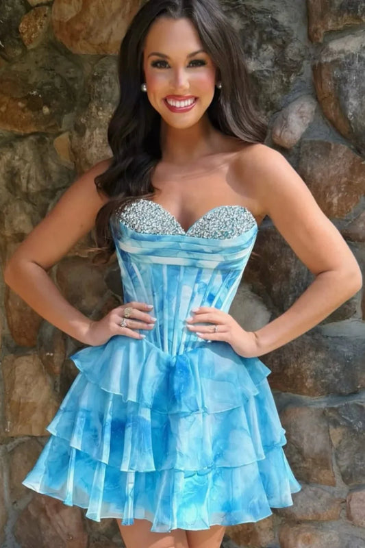 Blue Watercolor Corset Homecoming Dress With Tiered Ruffle Skirt And Beading AS308