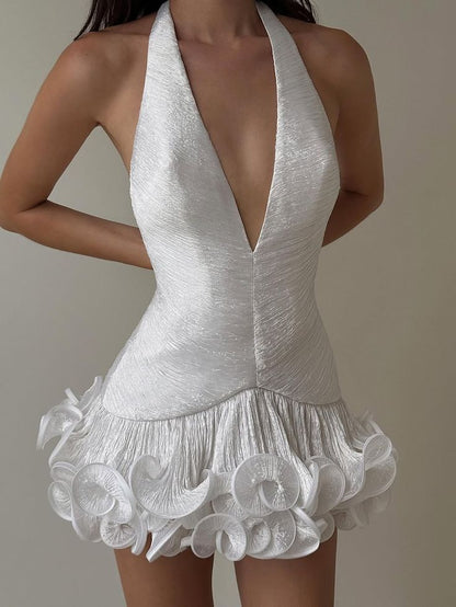 Romantic White Halter Deep V Neck Textured Ruffle A Line Short Homecoming Dress AS3081