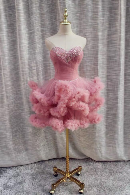 Gorgeous Pink Strapless Sweetheart Rhinestone Ruffle Tulle A Line Short Homecoming Dress AS3083