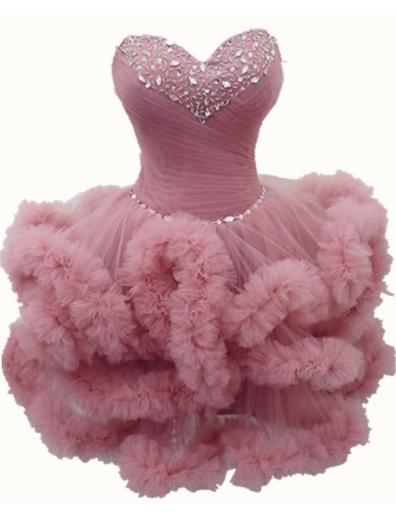 Gorgeous Pink Strapless Sweetheart Rhinestone Ruffle Tulle A Line Short Homecoming Dress AS3083