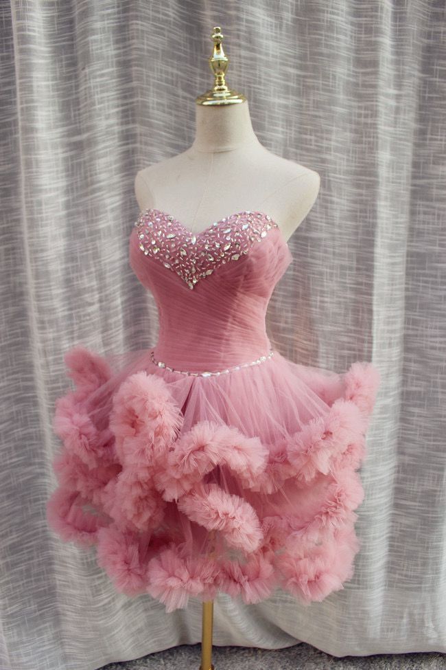 Gorgeous Pink Strapless Sweetheart Rhinestone Ruffle Tulle A Line Short Homecoming Dress AS3083