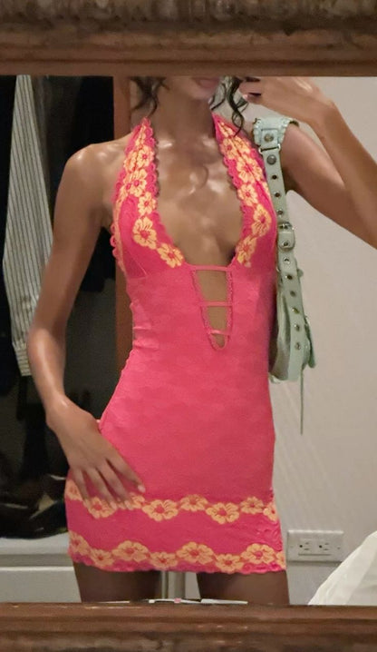 Vibrant Pink Halter Deep V Neck Floral Lace Bodycon Short Homecoming Dress Party Dress AS3087