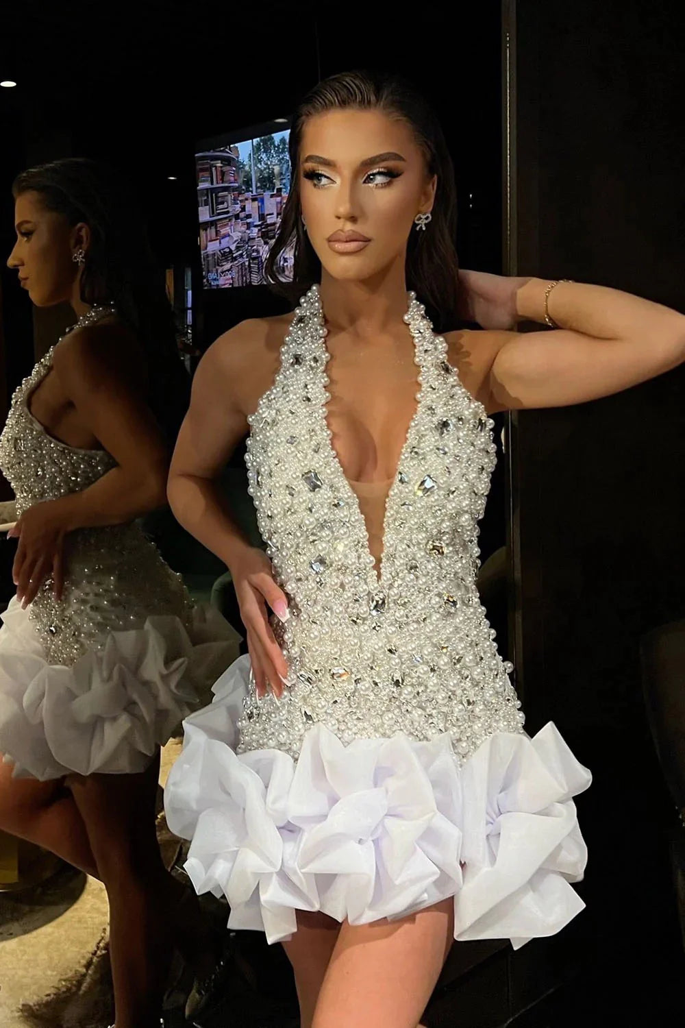 Luxury Pearl & Crystal Embellished Halter Homecoming Dress With Ruffled Hem AS309