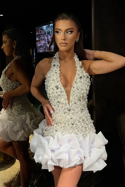 Luxury Pearl & Crystal Embellished Halter Homecoming Dress With Ruffled Hem AS309