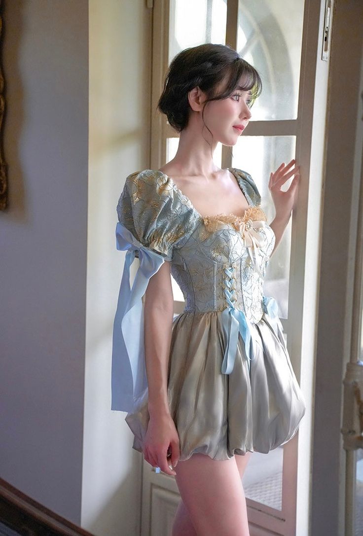 Romantic Pale Blue Sweetheart Neck Puff Sleeve Corset A Line Short Homecoming Mini Dress With Bow AS3090