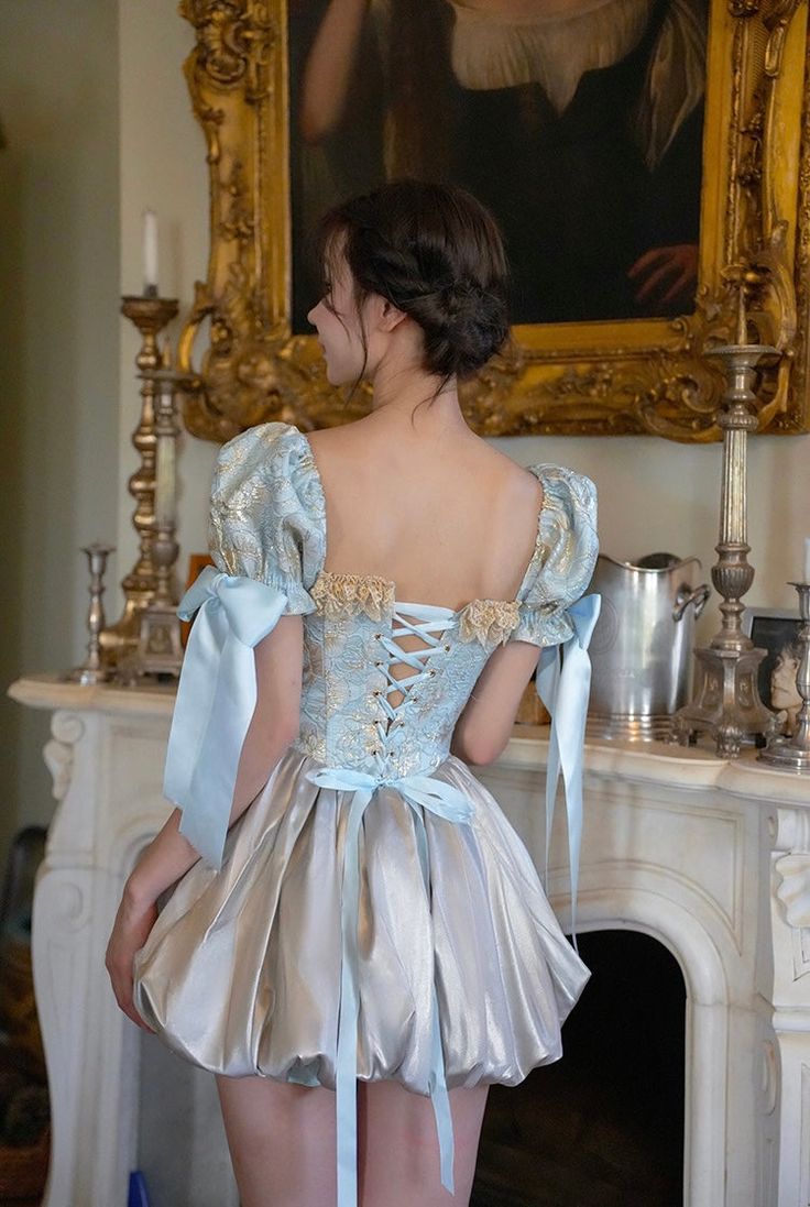 Romantic Pale Blue Sweetheart Neck Puff Sleeve Corset A Line Short Homecoming Mini Dress With Bow AS3090