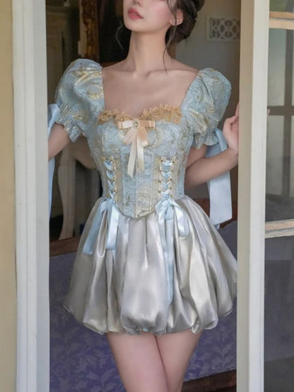 Romantic Pale Blue Sweetheart Neck Puff Sleeve Corset A Line Short Homecoming Mini Dress With Bow AS3090