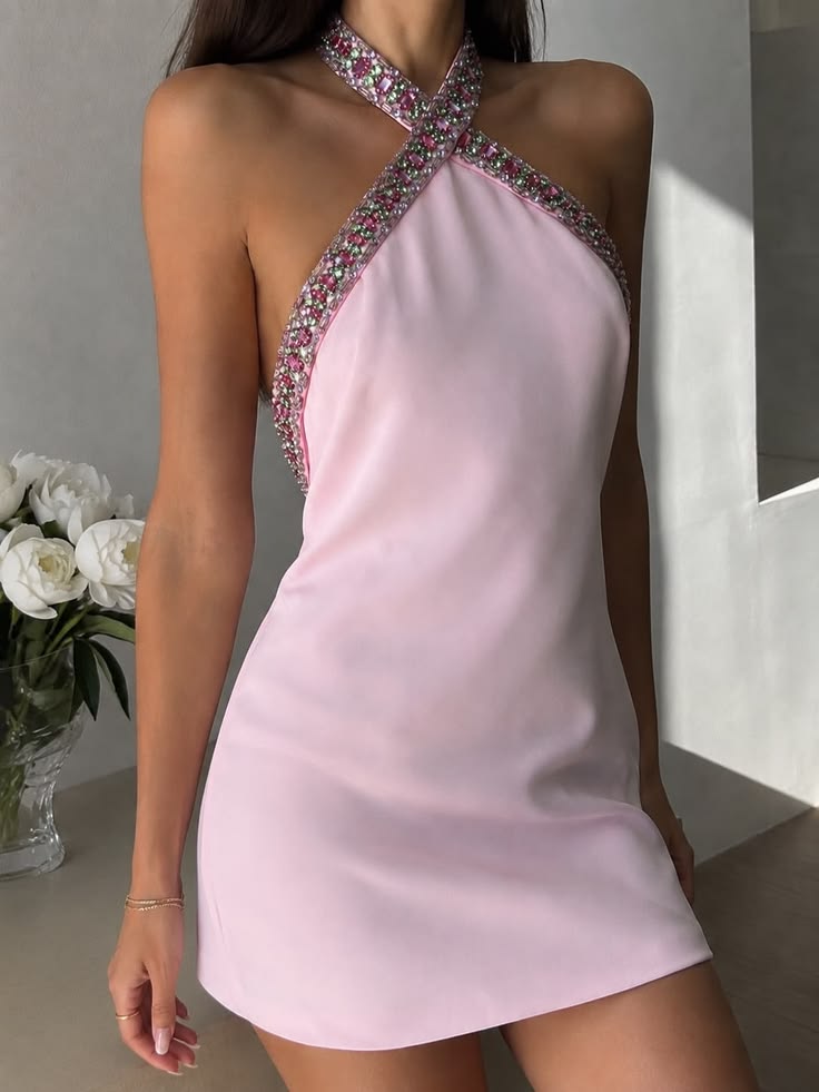 Glam Pink Criss Cross Halter Beaded Bodycon Short Homecoming Dress AS3091