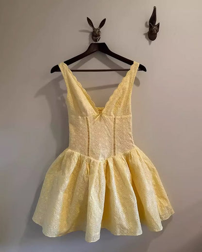 Romantic Pale Yellow Sleeveless V Neck Eyelet Embroidery A-Line Short Homecoming Dress AS3098