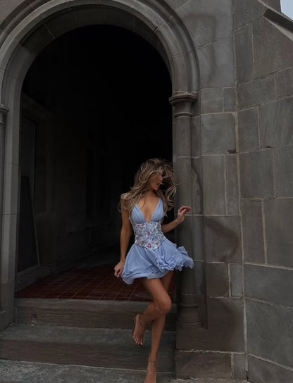 Delicate Dusty Blue Sleeveless Deep V Neck Floral Applique Sequin A Line Short Homecoming Dress AS3102