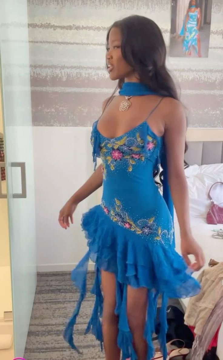 Stunning Royal Blue Spaghetti Strap V Neck Floral Beaded Bodycon Short Homecoming Dress With Matching Neck Sash AS3103