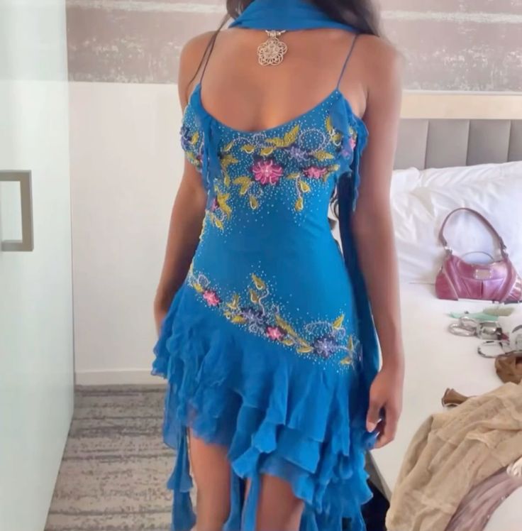 Stunning Royal Blue Spaghetti Strap V Neck Floral Beaded Bodycon Short Homecoming Dress With Matching Neck Sash AS3103