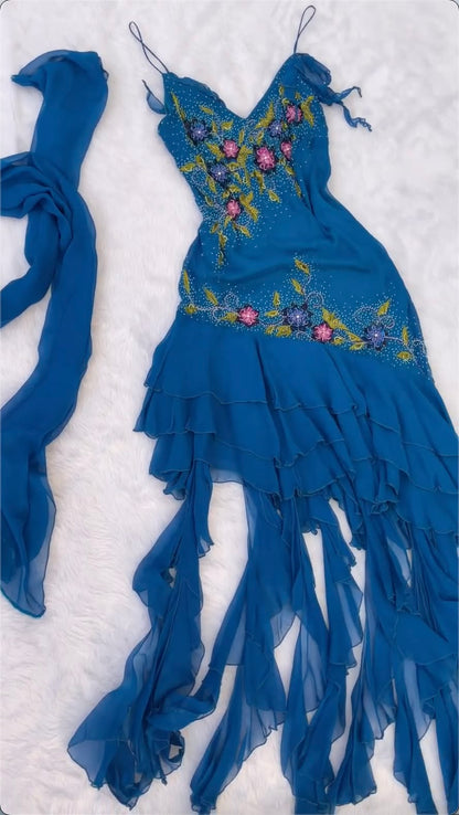 Stunning Royal Blue Spaghetti Strap V Neck Floral Beaded Bodycon Short Homecoming Dress With Matching Neck Sash AS3103
