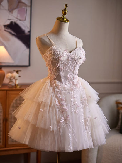 Romantic Pale Pink Spaghetti Strap Sweetheart 3D Floral Beaded A Line Short Homecoming Dress AS3107