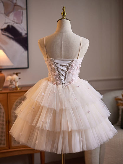 Romantic Pale Pink Spaghetti Strap Sweetheart 3D Floral Beaded A Line Short Homecoming Dress AS3107