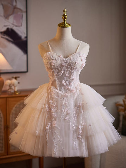 Romantic Pale Pink Spaghetti Strap Sweetheart 3D Floral Beaded A Line Short Homecoming Dress AS3107