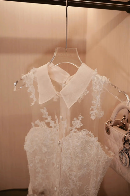 Delicate White Collared Illusion Neck Floral Lace Belted A-Line Short Homecoming Dress AS3114