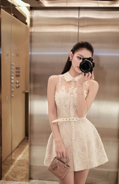 Delicate White Collared Illusion Neck Floral Lace Belted A-Line Short Homecoming Dress AS3114