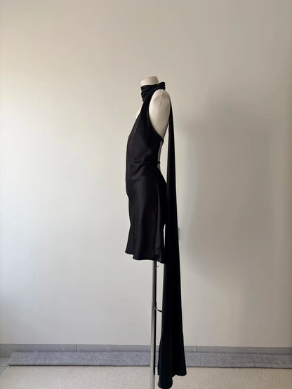 Sleek Black Halter Neck Satin A Line Short Homecoming Dress AS3115