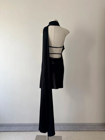Sleek Black Halter Neck Satin A Line Short Homecoming Dress AS3115