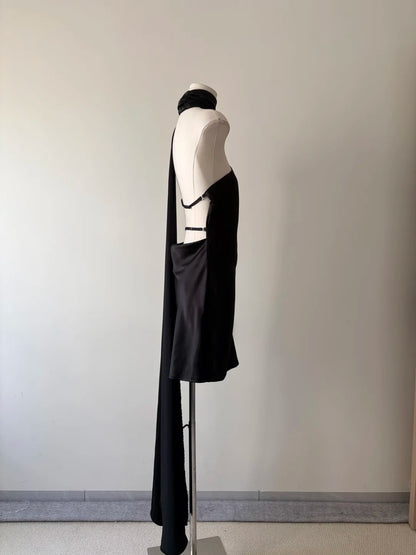 Sleek Black Halter Neck Satin A Line Short Homecoming Dress AS3115
