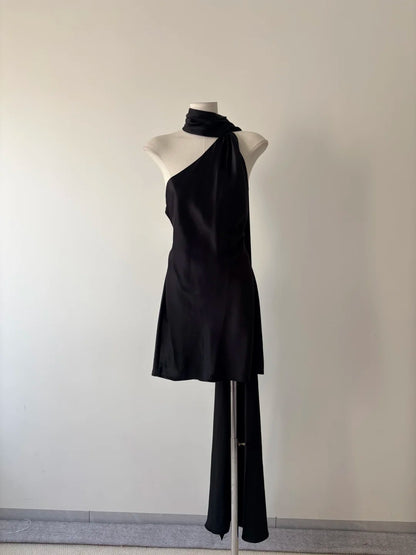Sleek Black Halter Neck Satin A Line Short Homecoming Dress AS3115