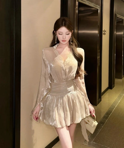 Romantic Champagne V Neck Long Sleeve A Line Short Homecoming Dress AS3116
