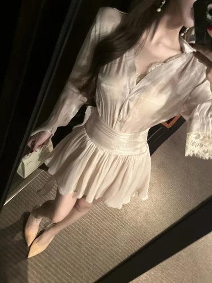 Romantic Champagne V Neck Long Sleeve A Line Short Homecoming Dress AS3116