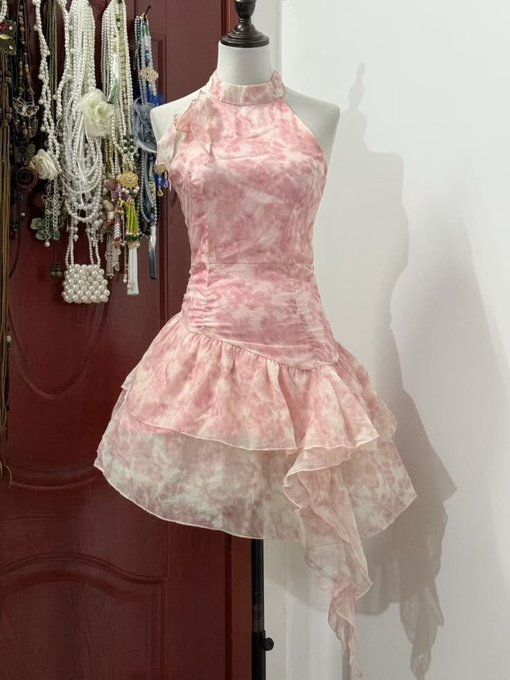 Sweet Pink Halter Ruched Waist Asymmetrical Ruffle Chiffon A Line Short Homecoming Dress AS3118