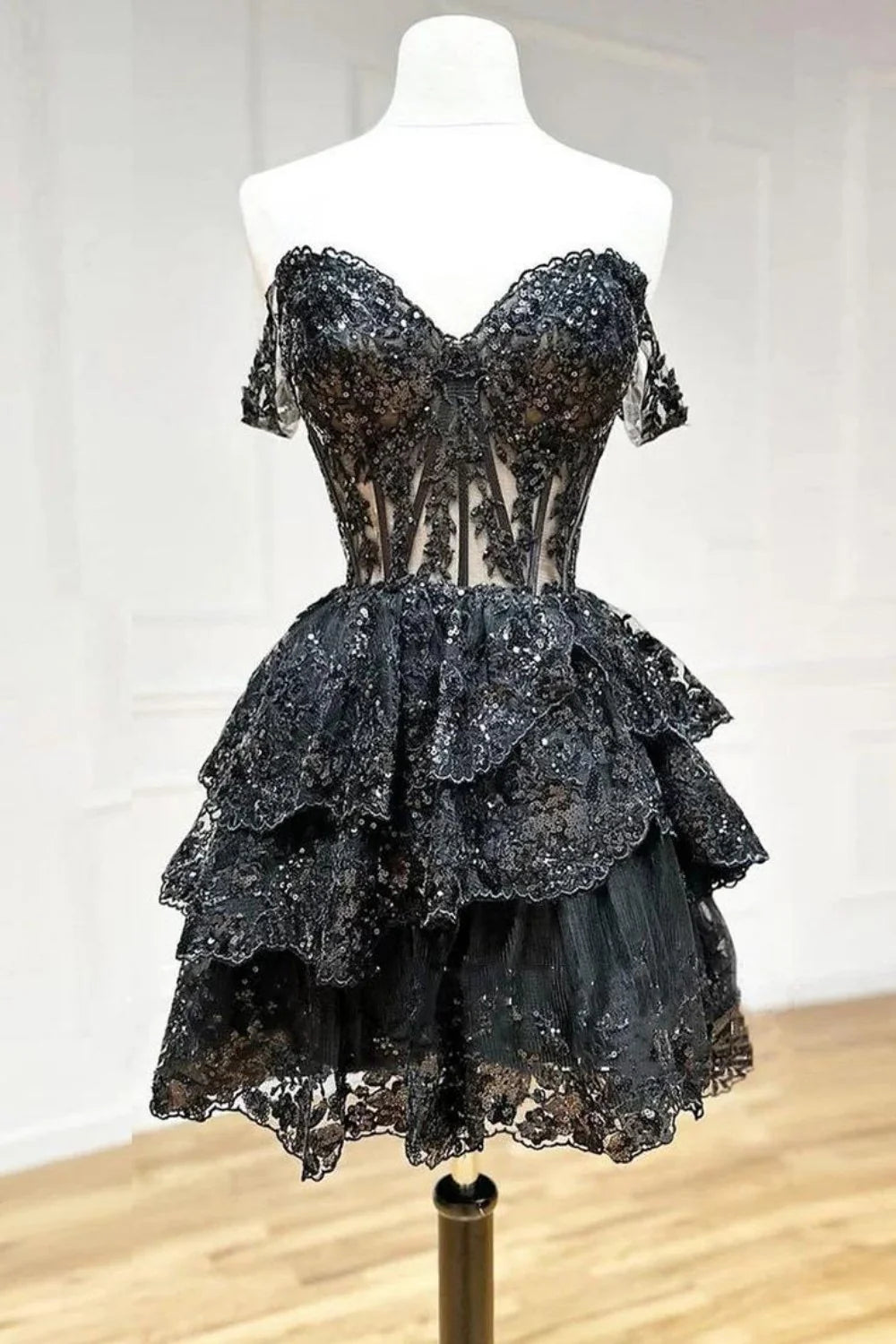 Stunning Off-Shoulder Sequin Lace Homecoming Dress With Corset Bodice And Tiered Skirt AS312