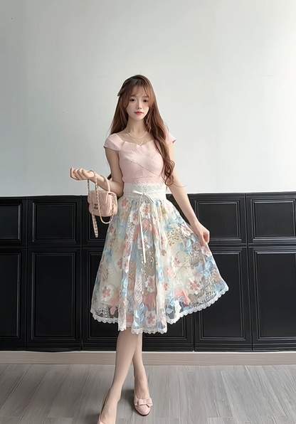 Elegant Pale Pink Cap Sleeve V Neck 3D Floral Embroidery A Line Midi Homecoming Dress AS3120