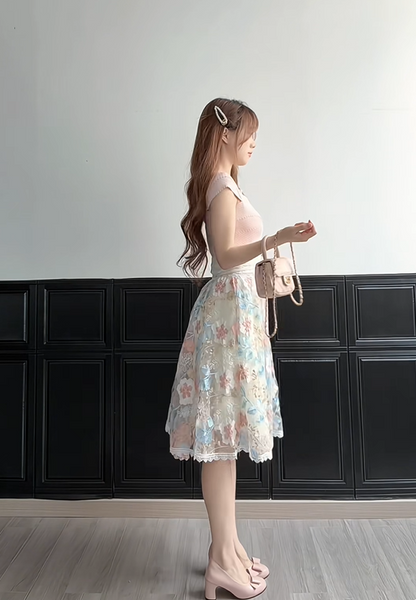Elegant Pale Pink Cap Sleeve V Neck 3D Floral Embroidery A Line Midi Homecoming Dress AS3120