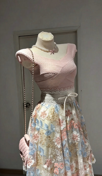 Elegant Pale Pink Cap Sleeve V Neck 3D Floral Embroidery A Line Midi Homecoming Dress AS3120