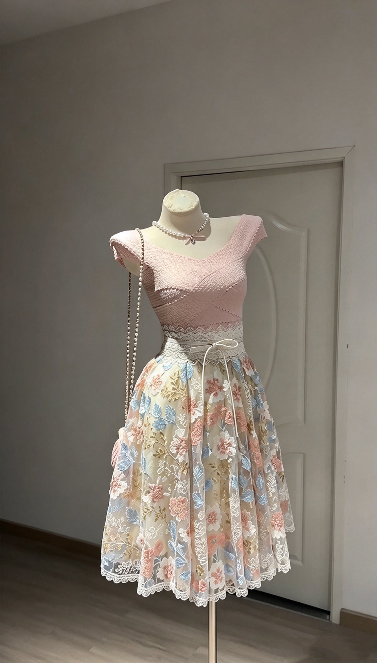 Elegant Pale Pink Cap Sleeve V Neck 3D Floral Embroidery A Line Midi Homecoming Dress AS3120