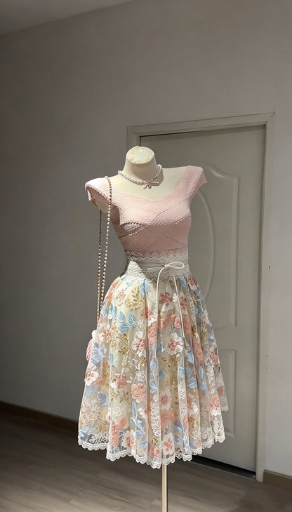 Elegant Pale Pink Cap Sleeve V Neck 3D Floral Embroidery A Line Midi Homecoming Dress AS3120