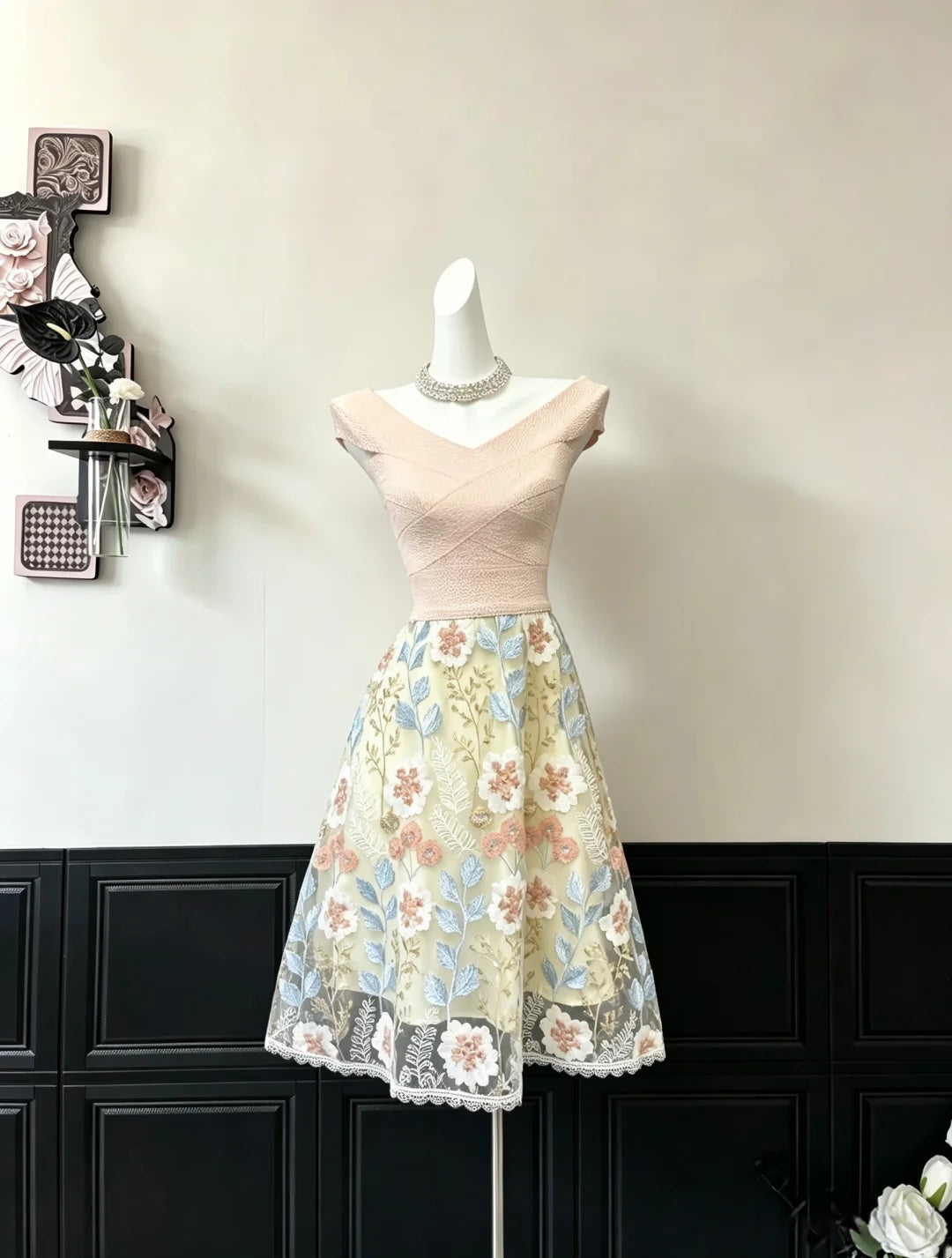 Elegant Pale Pink Cap Sleeve V Neck 3D Floral Embroidery A Line Midi Homecoming Dress AS3120