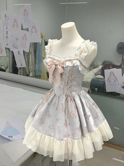 Cute Light Blue Unicorn Print Square Neck Ruffle Strap Lace Up Corset Bow A Line Short Homecoming Dress AS3126