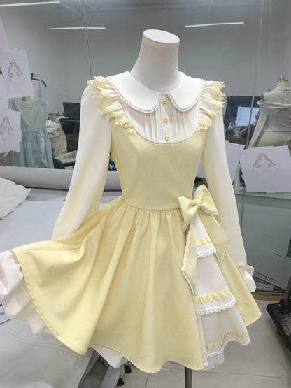 Sweet Pale Yellow Peter Pan Collar Long Puff Sleeve Big Bow Ruffle Lolita A Line Short Homecoming Dress AS3127