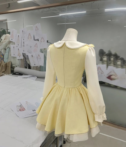 Sweet Pale Yellow Peter Pan Collar Long Puff Sleeve Big Bow Ruffle Lolita A Line Short Homecoming Dress AS3127
