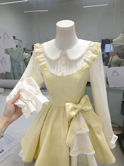 Sweet Pale Yellow Peter Pan Collar Long Puff Sleeve Big Bow Ruffle Lolita A Line Short Homecoming Dress AS3127