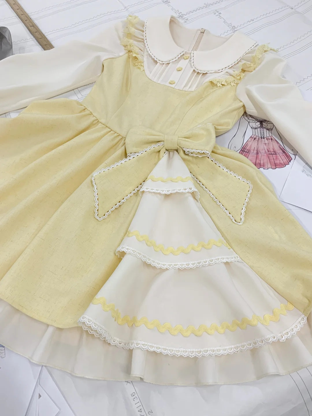 Sweet Pale Yellow Peter Pan Collar Long Puff Sleeve Big Bow Ruffle Lolita A Line Short Homecoming Dress AS3127