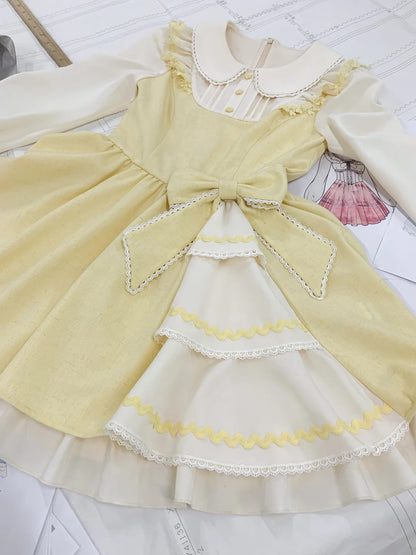 Sweet Pale Yellow Peter Pan Collar Long Puff Sleeve Big Bow Ruffle Lolita A Line Short Homecoming Dress AS3127