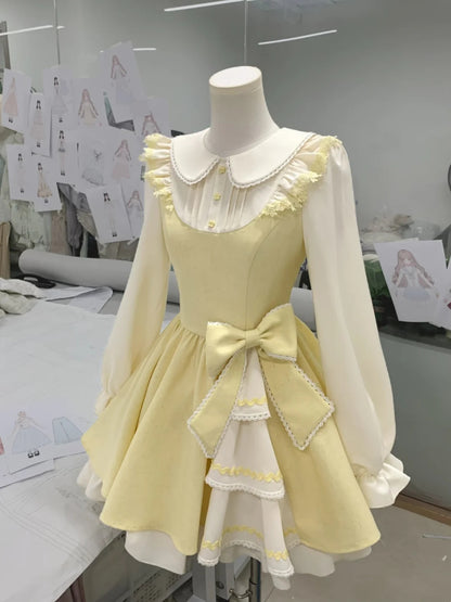 Sweet Pale Yellow Peter Pan Collar Long Puff Sleeve Big Bow Ruffle Lolita A Line Short Homecoming Dress AS3127