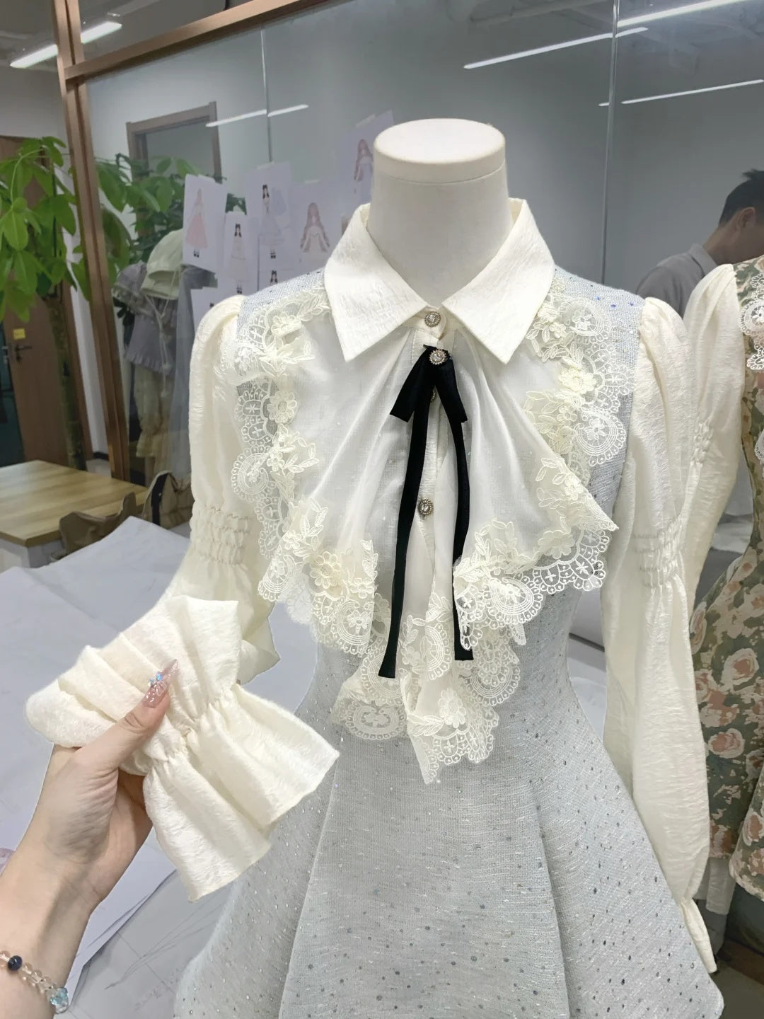 Romantic Collared Long Puff Sleeve Lace Ruffle Bow A Line Short Homecoming Dress AS3128