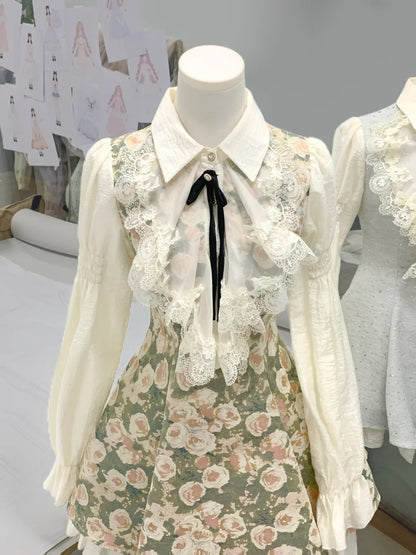 Romantic Collared Long Puff Sleeve Lace Ruffle Bow A Line Short Homecoming Dress AS3128