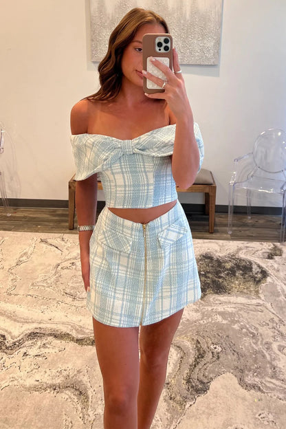 Light Blue Plaid Two-Piece Homecoming Set With Off-Shoulder Bow Top And Mini Skirt AS313