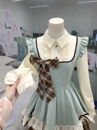 Fresh Mint Green Shirt Collar Plaid Ruffle Bow Long Sleeve A Line Short Homecoming Dress AS3130