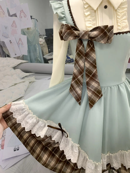 Fresh Mint Green Shirt Collar Plaid Ruffle Bow Long Sleeve A Line Short Homecoming Dress AS3130