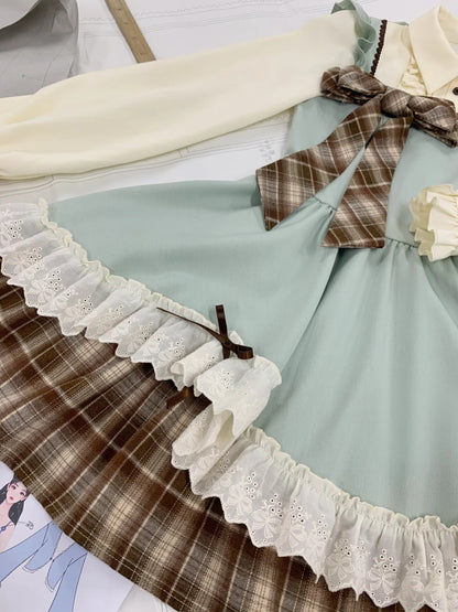 Fresh Mint Green Shirt Collar Plaid Ruffle Bow Long Sleeve A Line Short Homecoming Dress AS3130